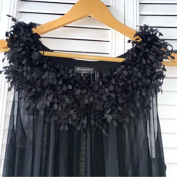 Indulgence London Black Mini Dress Semi Sheer Tunic Top Fringe Neckline Small - Picture 2 of 4